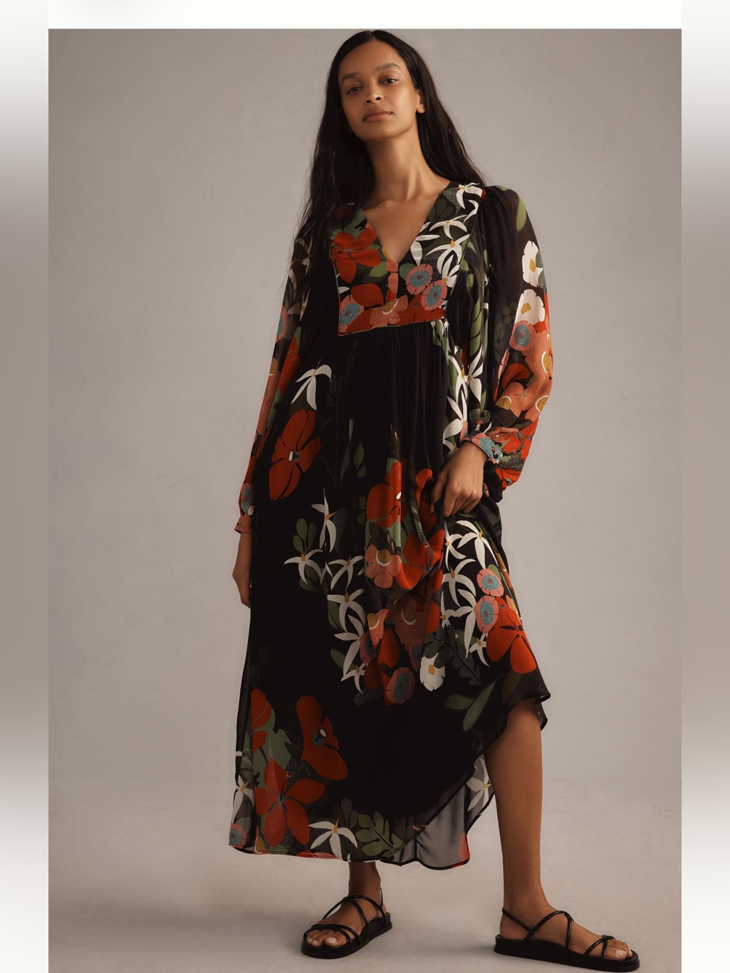 Farm Rio Black Floral Maxi Dress With Red And Green Accents